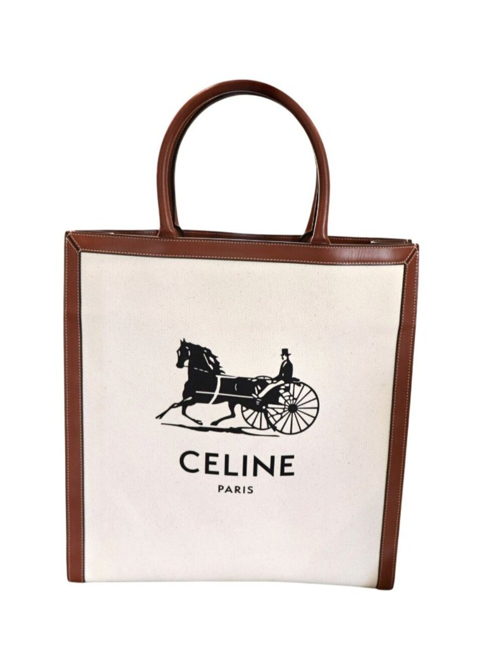 Celine Sulky Vertical Cabas Beige Canvas & Brown Leather Tote with COA